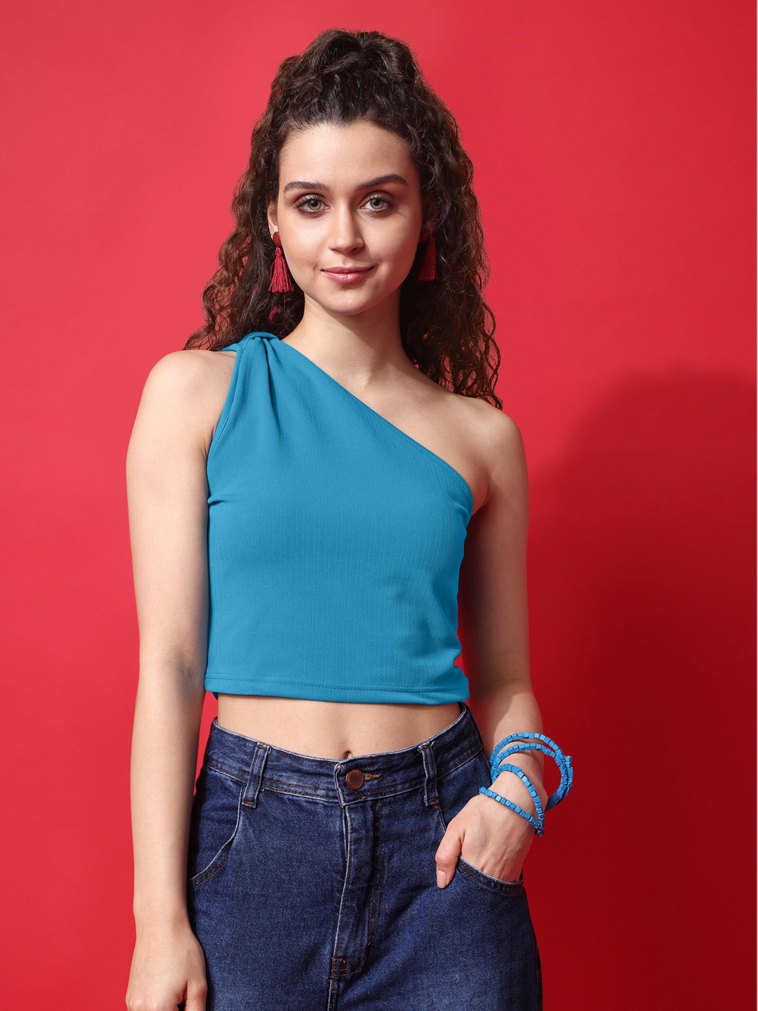PURVAJA Teal Regular Fit Crop Top