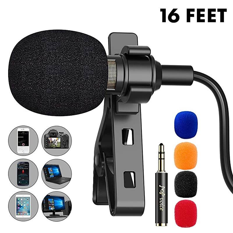 16 Feet Single Head Lavalier Lapel Microphone Omnidirectional Condenser Mic for iPhone Android Windows Smartphones YouTube Interview Studio Video Recording Noise Cancelling Mic