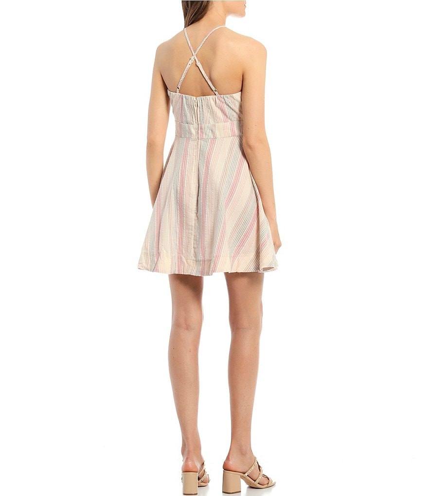 Xtraordinary Spaghetti Strap Seersucker Asymmetric Hem Fit-and-Flare Dress