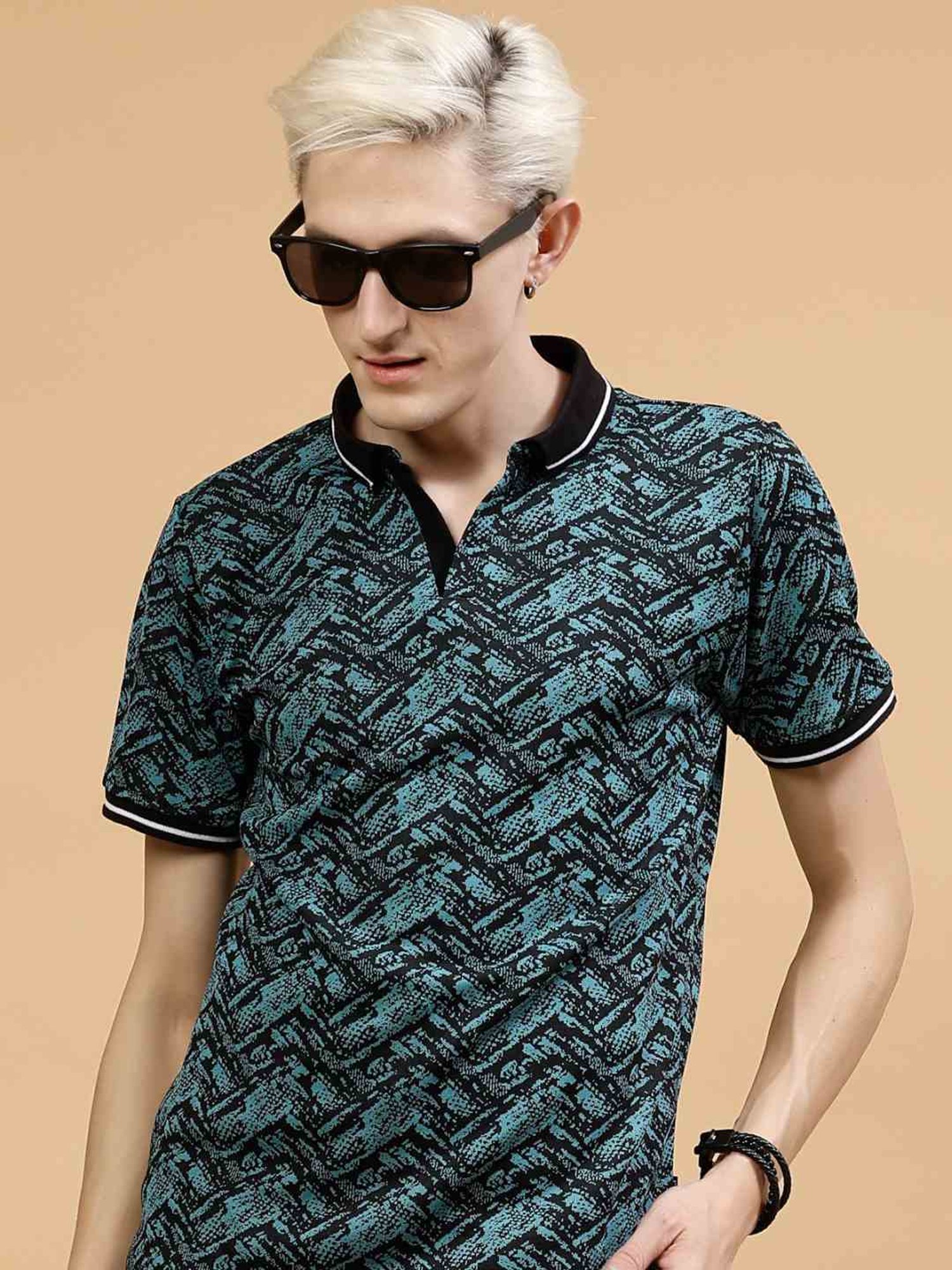 Rigo Teal Slim Fit Printed Polo T-Shirt