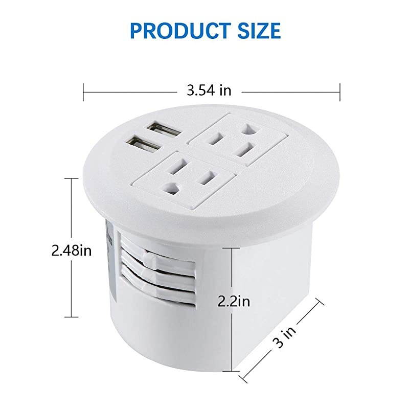 Grommet Desktop Outlet 2 US Plugs amp 2 USB Ports for Computer DeskTable Kitchen OfficeHomeHotel and More white