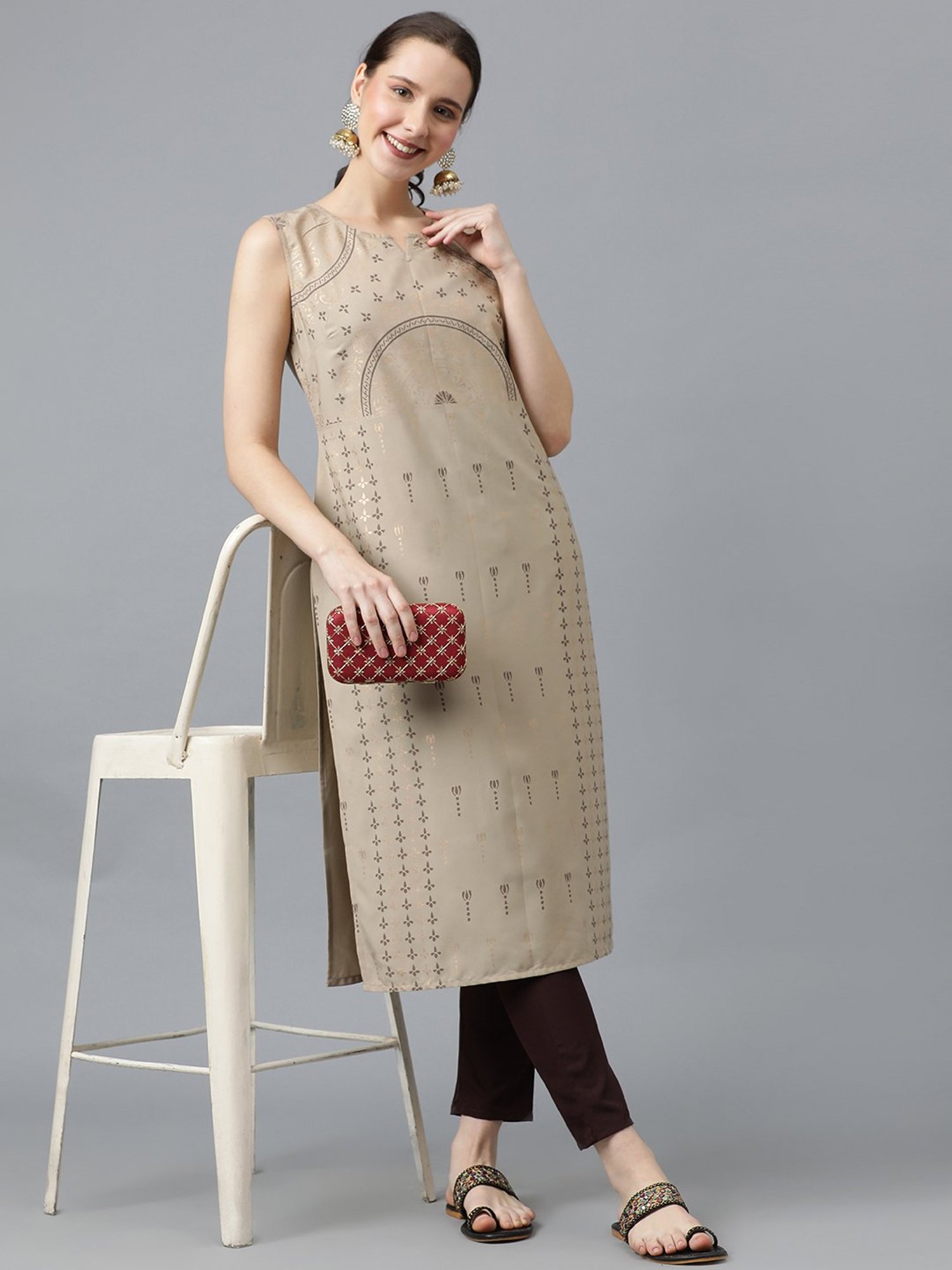 Ziyaa Beige Printed Straight Kurta