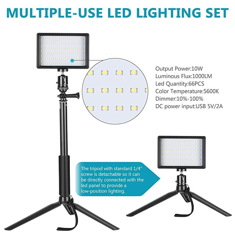 2 Packs Dimmable 5600K USB LED Video Light with Adjustable Tripod StandColor Filters for TabletopLow Angle Shooting Colorful LED Lighting Product Portrait YouTube Video Photography