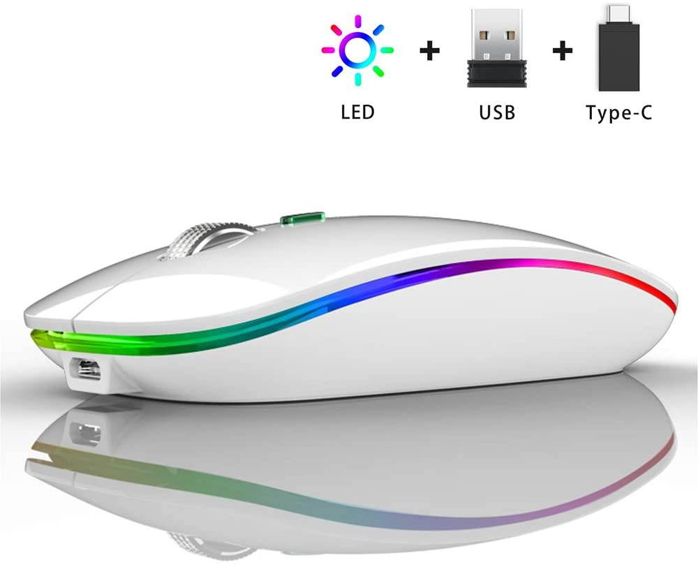 LED Wireless Mouse, Uiosmuph G12 Slim Rechargeable Wireless Silent Mouse, 2.4G Portable USB Optical Wireless Computer Mice with USB Receiver and Type C Adapter (White)