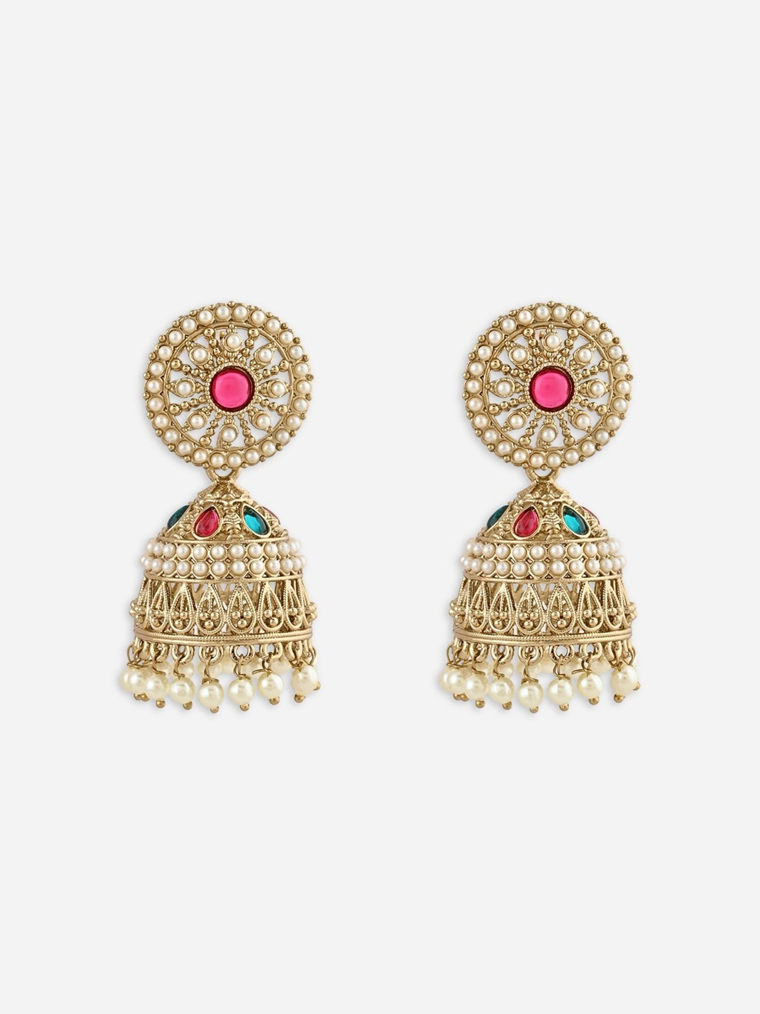 Fida Gold Plated Multicolor White Pearls Temple Jhumki Earrings for Women
