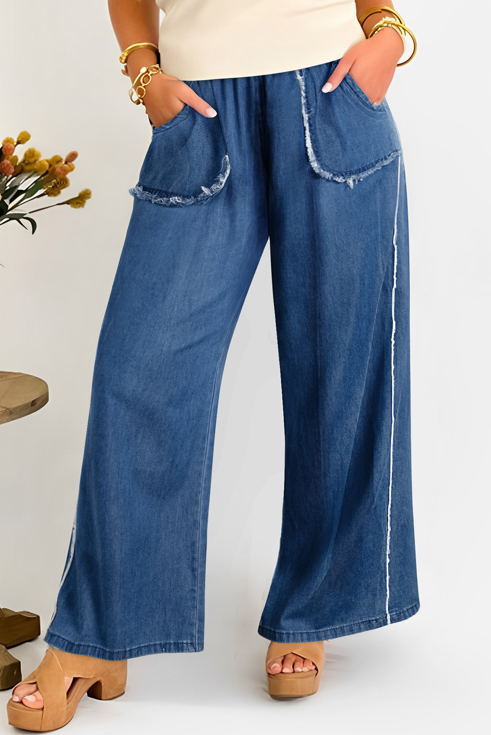 Dark Blue Plus Size Stitching Washed Flare Jeans