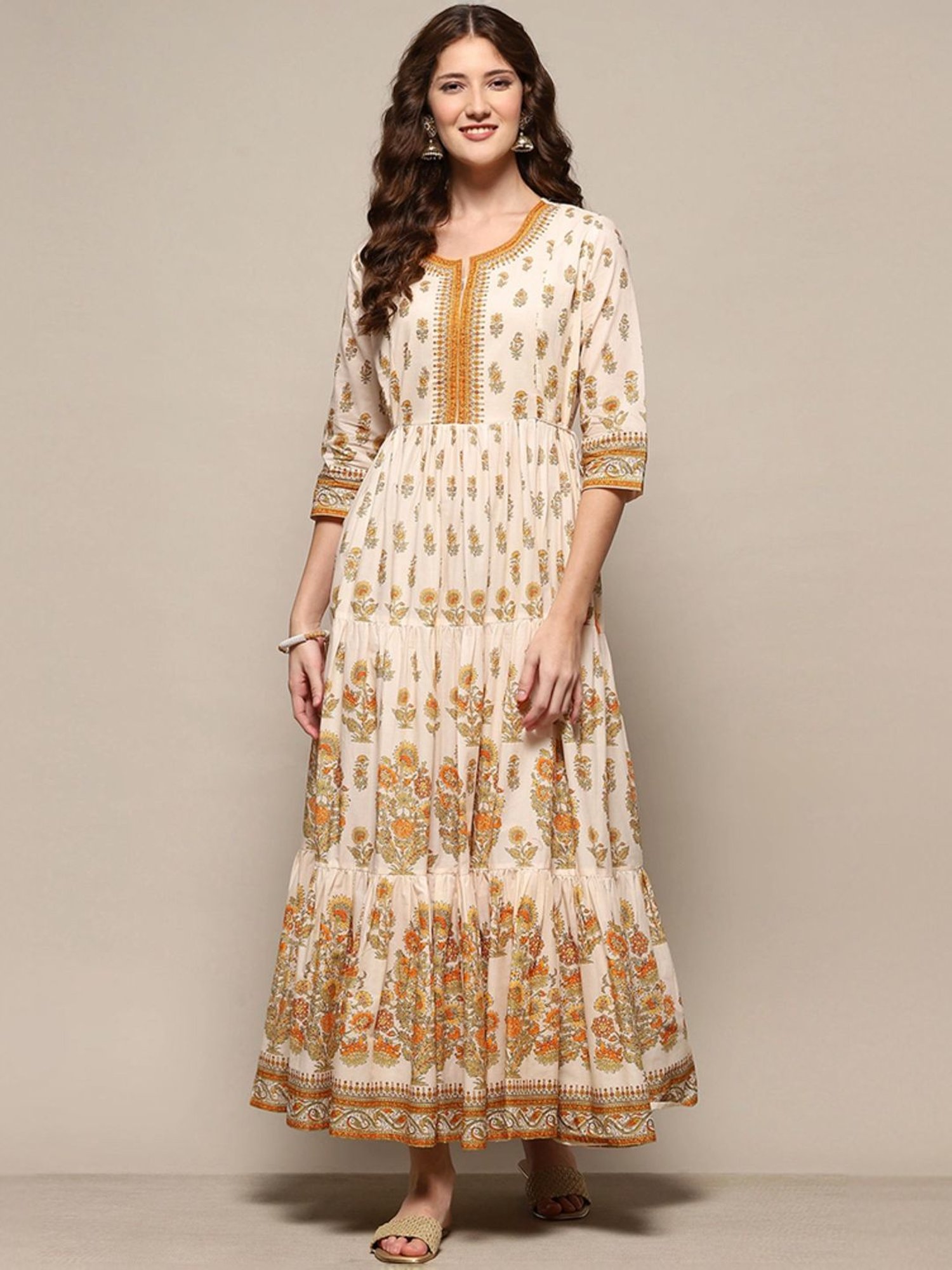 Biba Beige Cotton Floral Print Maxi Dress
