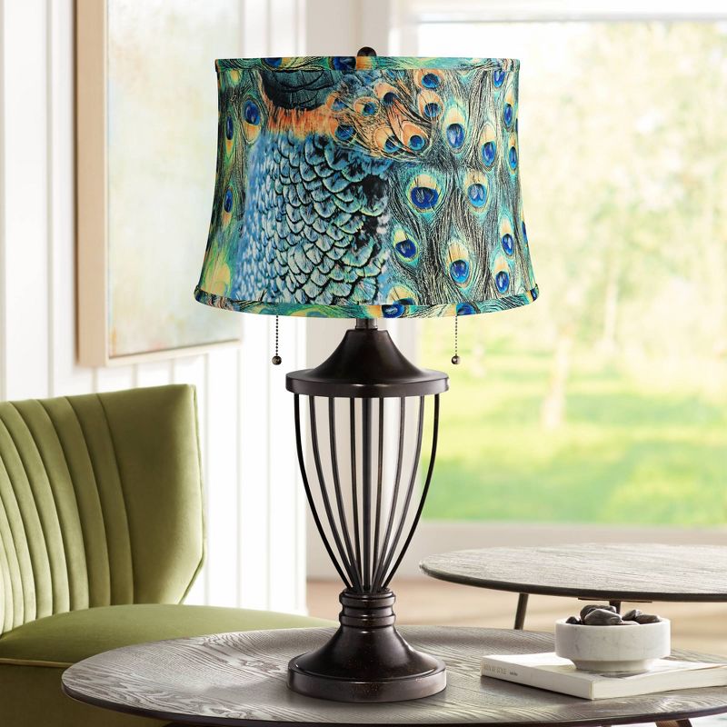 Barnes and Ivy Table Lamp Open Urn Bronze Iron Peacock Print Drum Shade Living Room Bedroom Bedside Nightstand Office Family