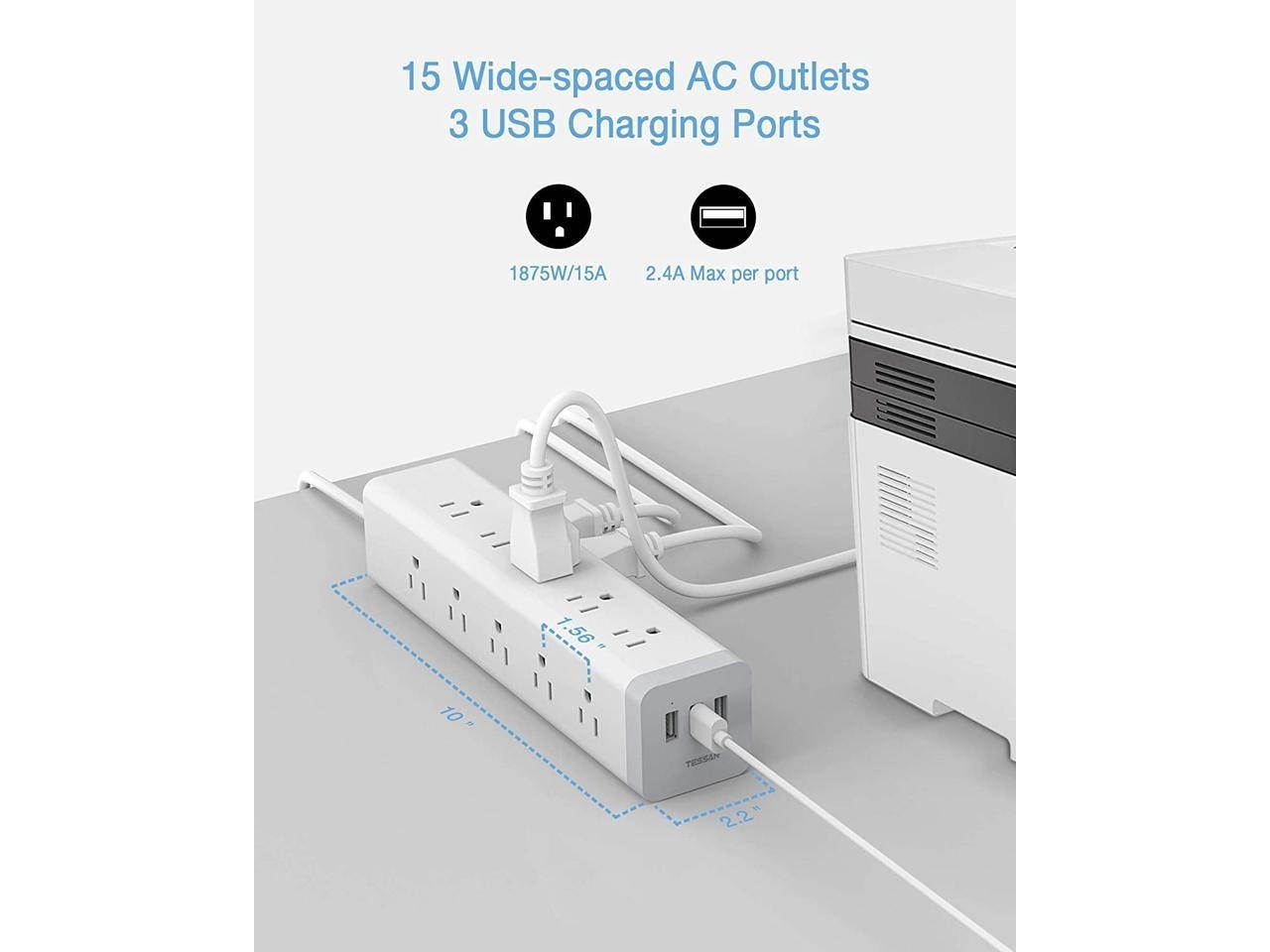 Long Power Strip,  Surge Protector 3 Sided with 15 AC Outlets and 3 USB Charging Ports, Flat Plug Extension Cord 6 Feet 1875W/15A, 1050 Joules, Mountable, White