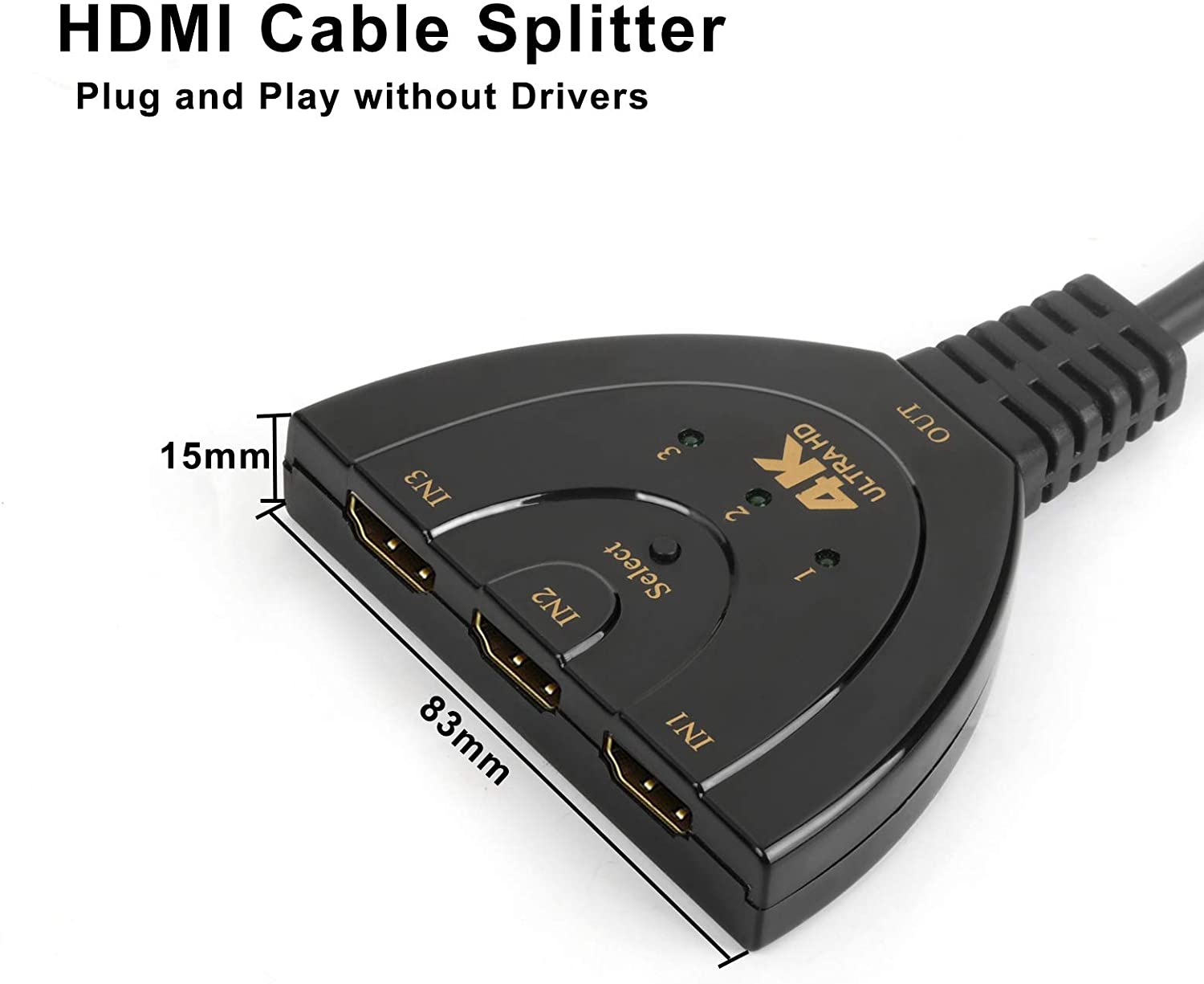 HDMI Switch 4K, Rybozen 3 Port HDMI Switcher 3 in 1 Out HDMI Splitter with High Speed Pigtail Cable,Supports Full HD 1080P 3D Player,for Xbox PS4 Roku Blu-Ray Player HDTV