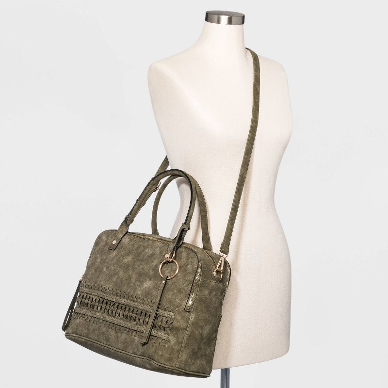 VR NYC Zip Closure Woven Braid Satchel Handbag - Olive Green