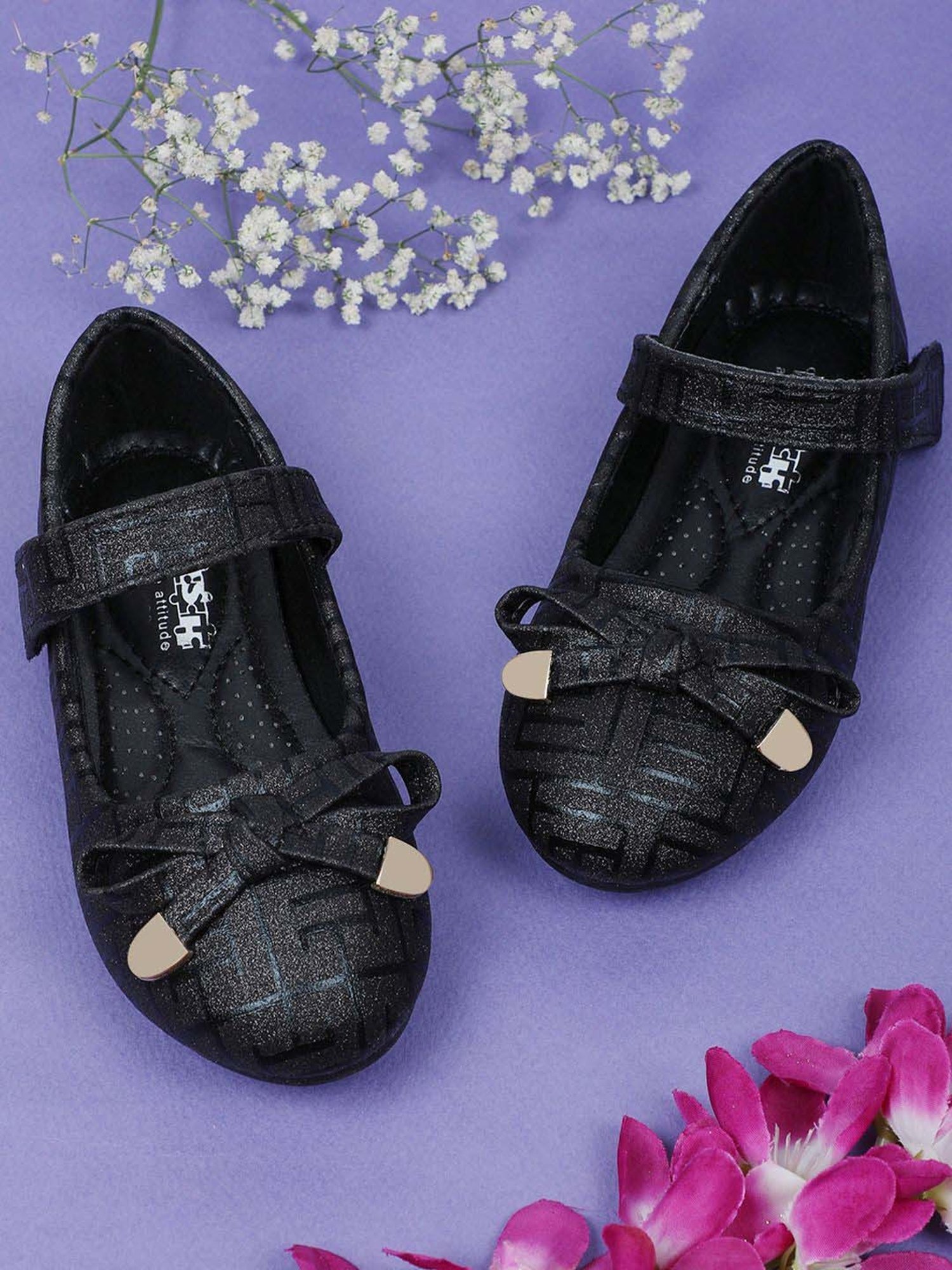 Baby Moo Kids Black Bash Embellished Shimmer With Bow Mary Jane Shoes