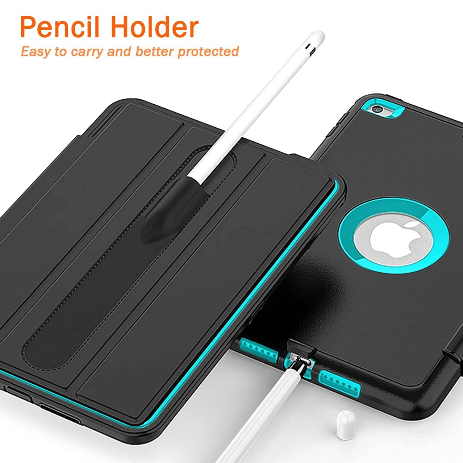 DUNNO iPad Mini 5th gen Case - Full-Body Three Layer Shockproof Folio Protective Case Whit Auto Sleep/Wake Up Stand & Pencil Holder for iPad Mini 5 / iPad Mini 4 (Black/Light Blue)