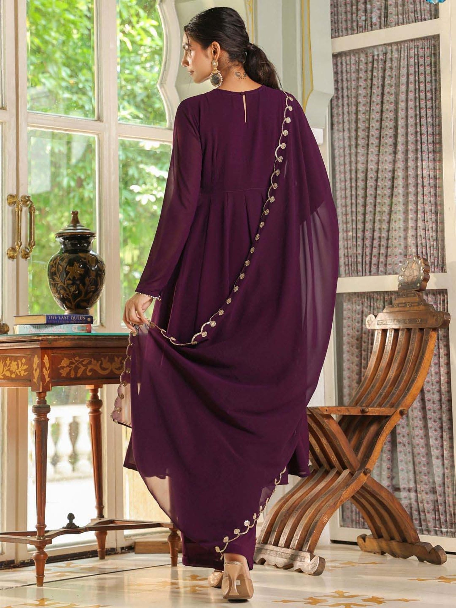 Janasya Purple Embroidered Kurta Palazzo Set With Dupatta