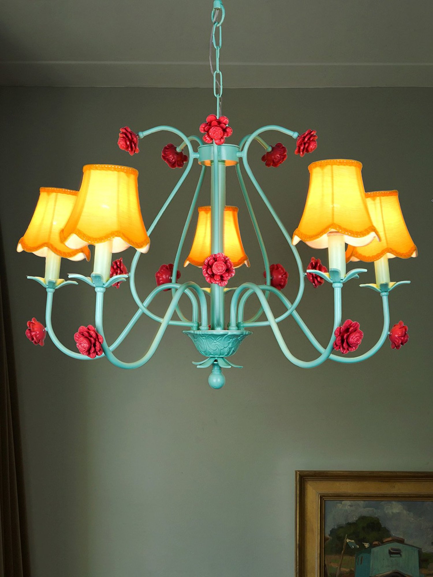 Fos Lighting 36-Inch Wide 5-Light Steel Ceiling Chandelier With Yellow Scallop Bell Fabric Shades