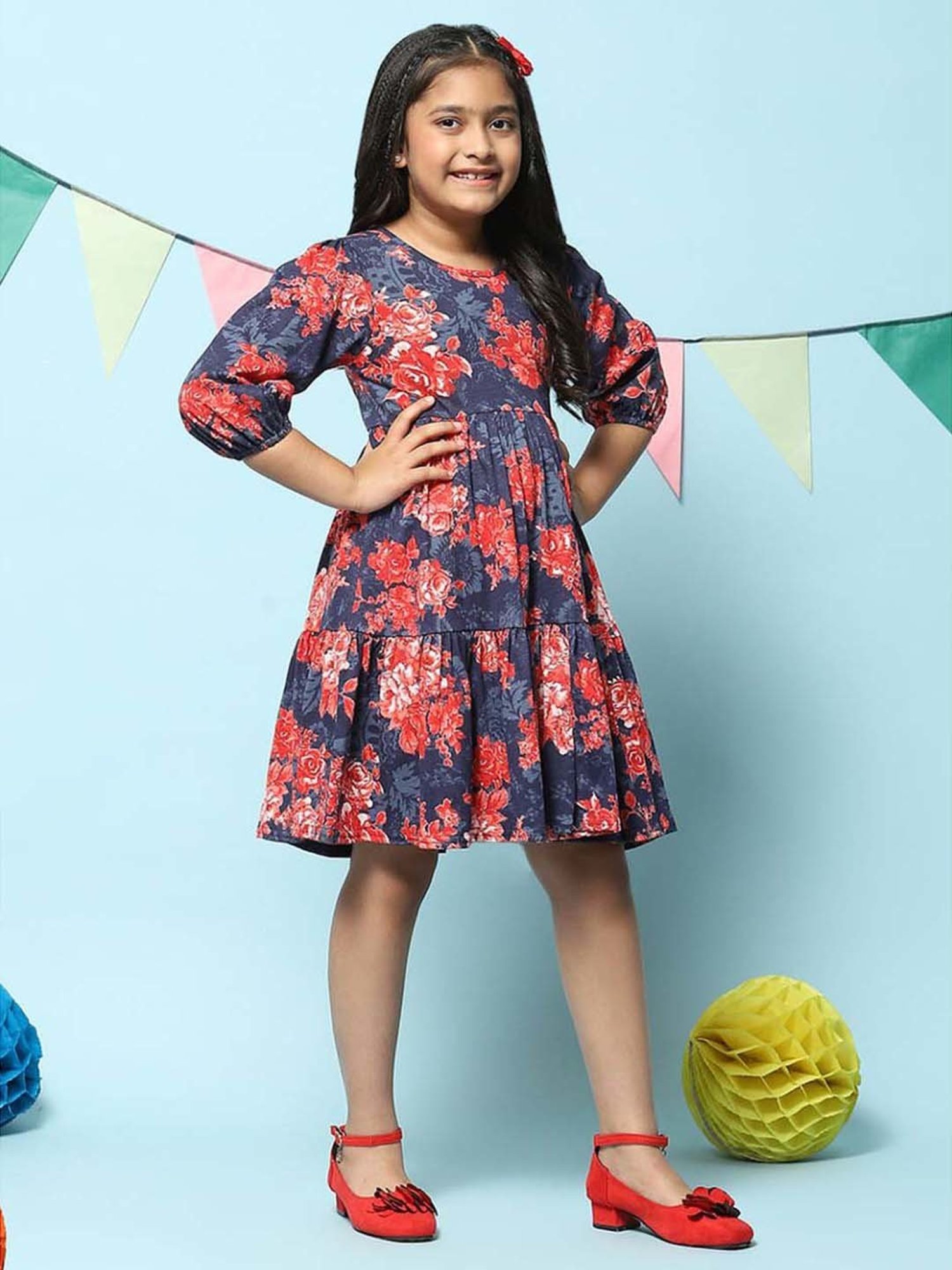 BIBA Girls Kids Blue & Coral Cotton Printed Dress