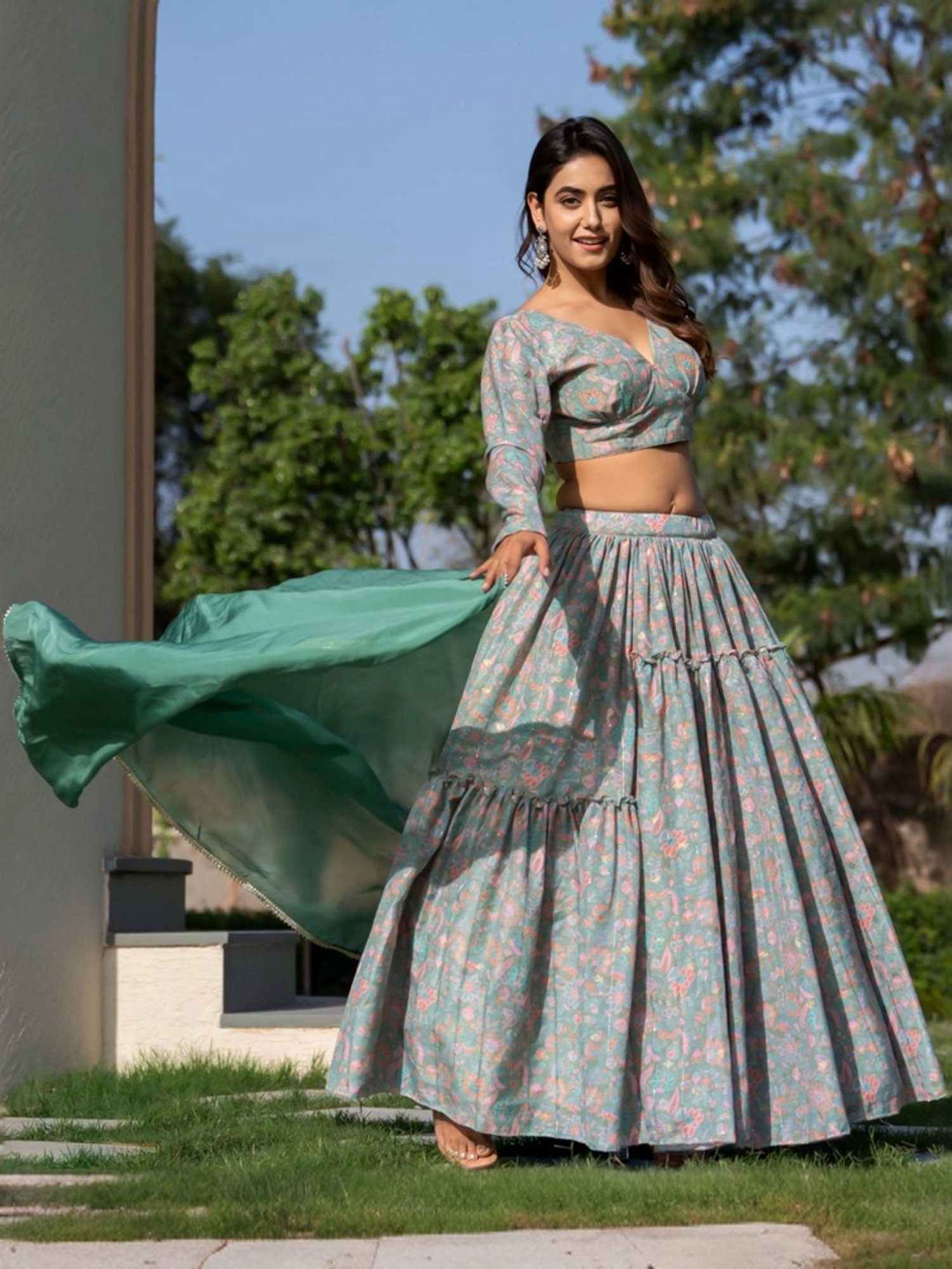HOUSE OF JAMOTI Green Printed Lehenga Choli Set With Dupatta