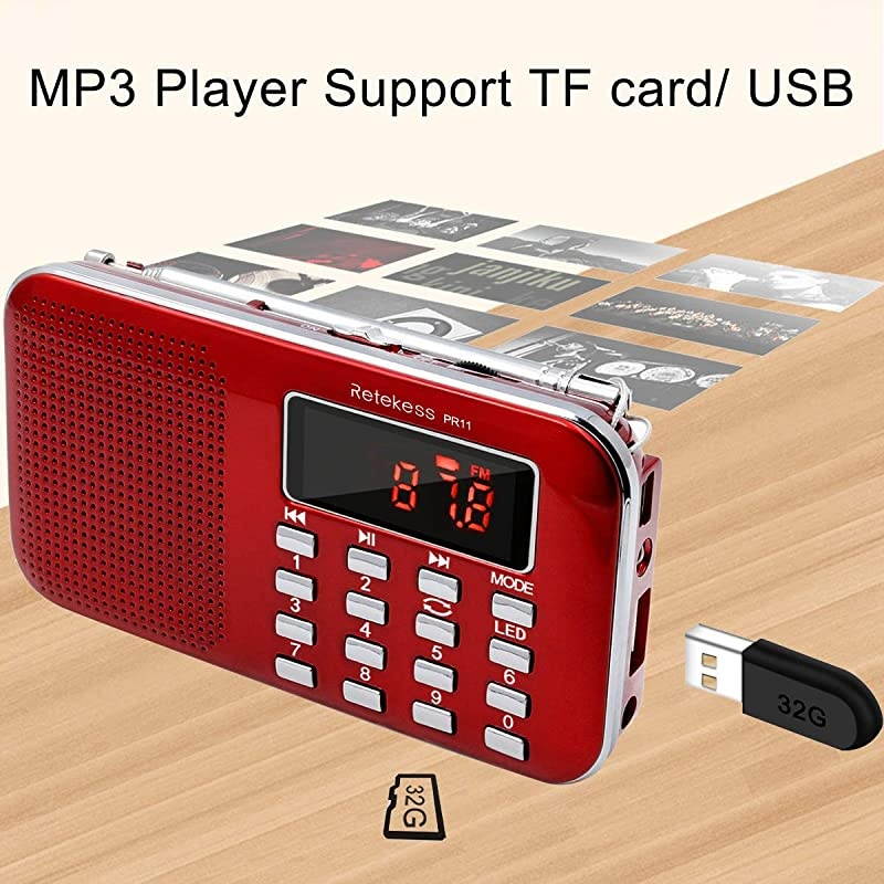 PR11 AM FM Radio Portable, Rechargeable Radio Digital Tuning, MP3 Music Player Speaker Support TF, AUX, USB Port(Red)