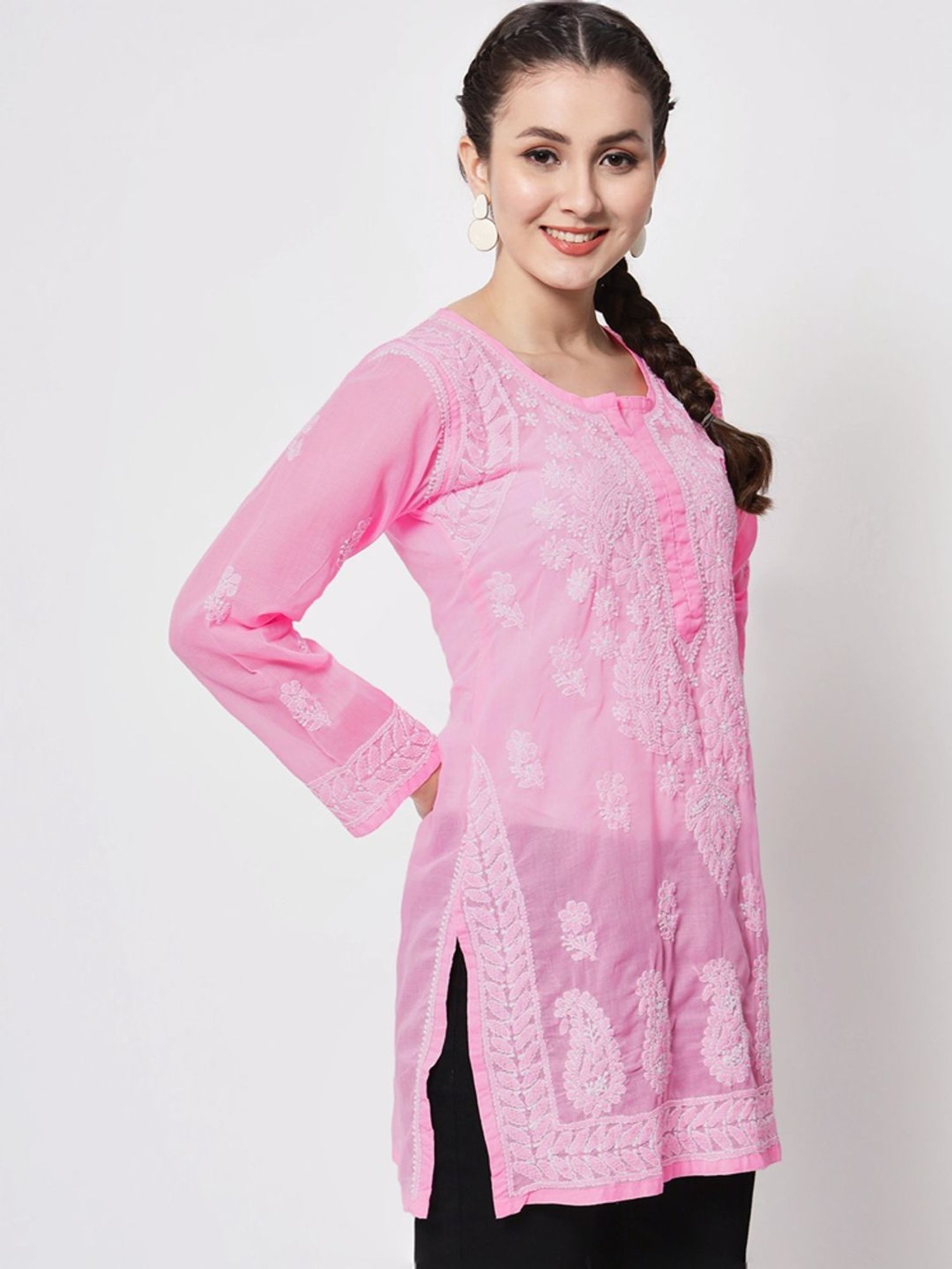 PARAMOUNT CHIKAN Blush Pink Cotton Hand Embroidered Chikankari Straight Kurti