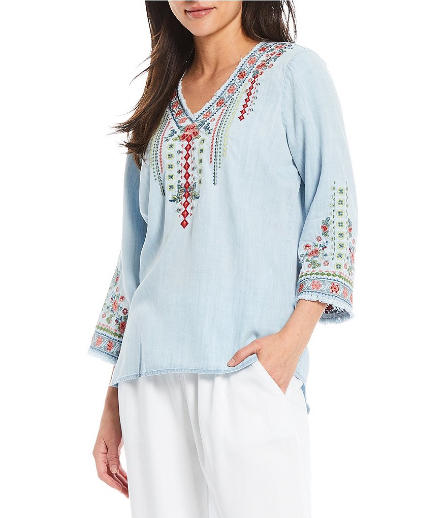 Reba 3/4 Sleeve Multi Colored Embroidered Chambray Tunic