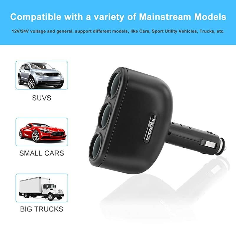 3Socket 2Port USB Quick Charge 30 Car Charger Splitter Adapter120W 12V24V DC Outlet Multi Socket Car Cigarette Lighter Splitter QC30 Dual Car Charger Power Outlet Splitter Extender