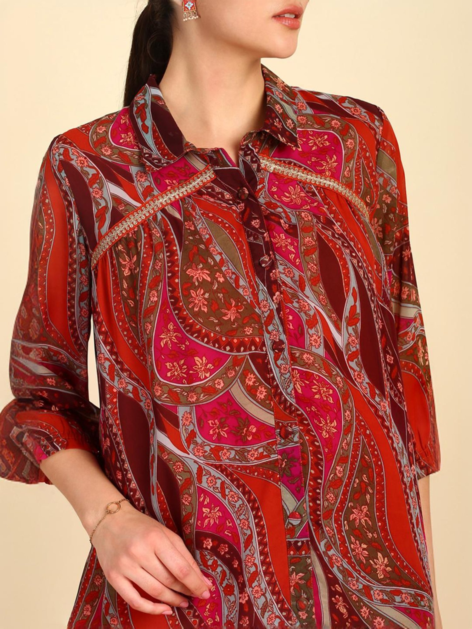 Soch Womens Fuchsia Floral Print Georgette Blend Co-Ord Set With Sequins