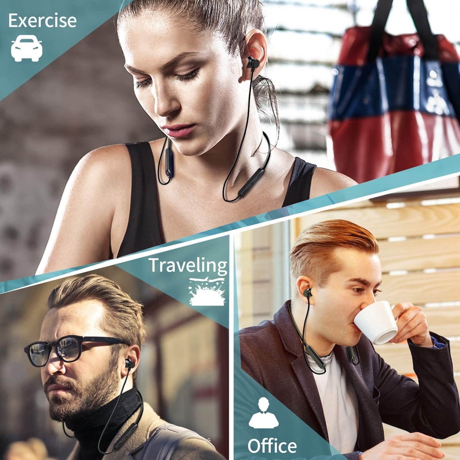 Bluetooth Headphones Neckband 20Hrs Playtime V4.2 Wireless Headset Sport Noise Cancelling Earbuds w/Mic for Gym Running Compatible with iPhone Samsung Android (Black)