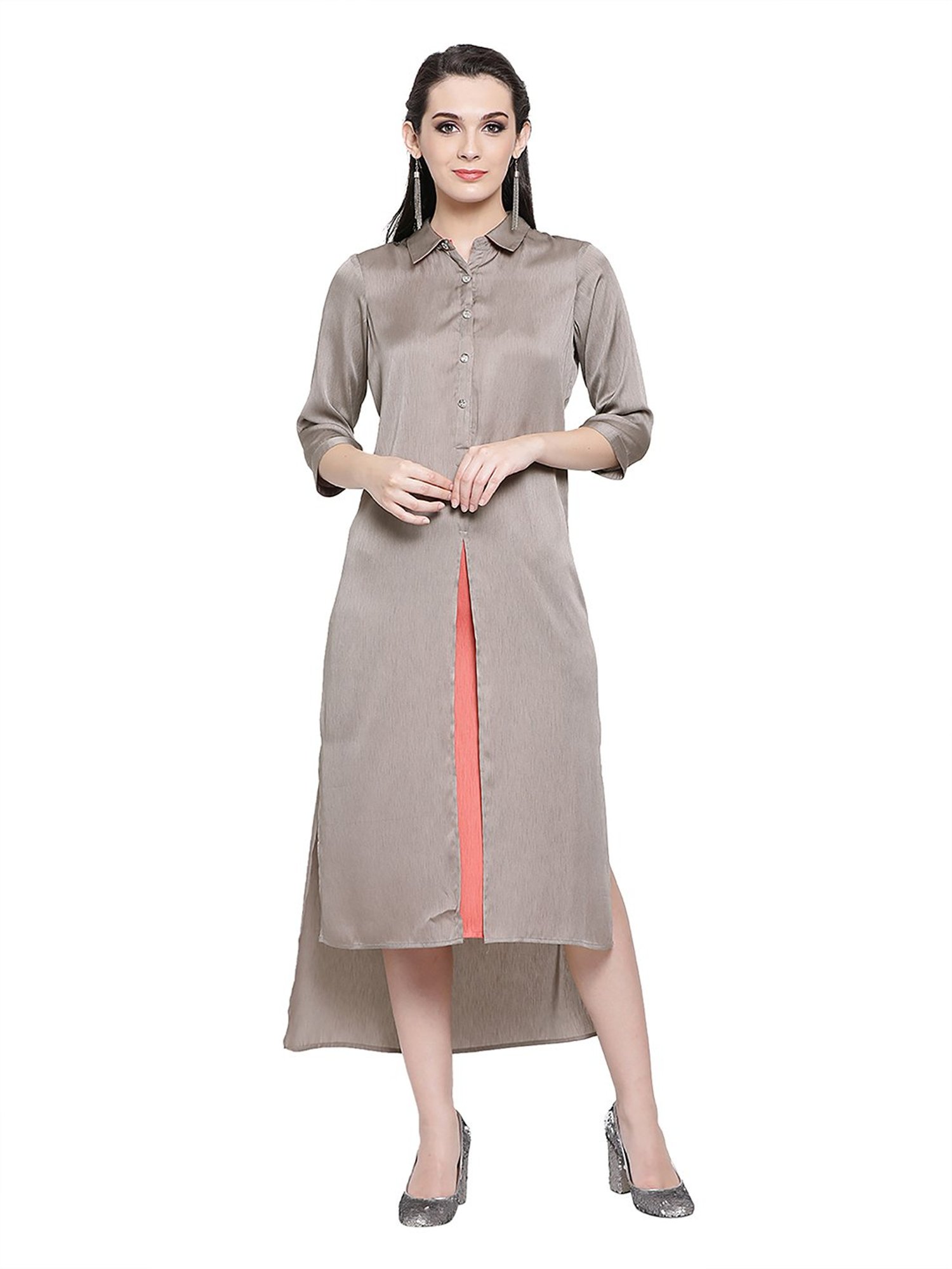 Office & You Grey & Peach Asymmetrical Dress With Slit