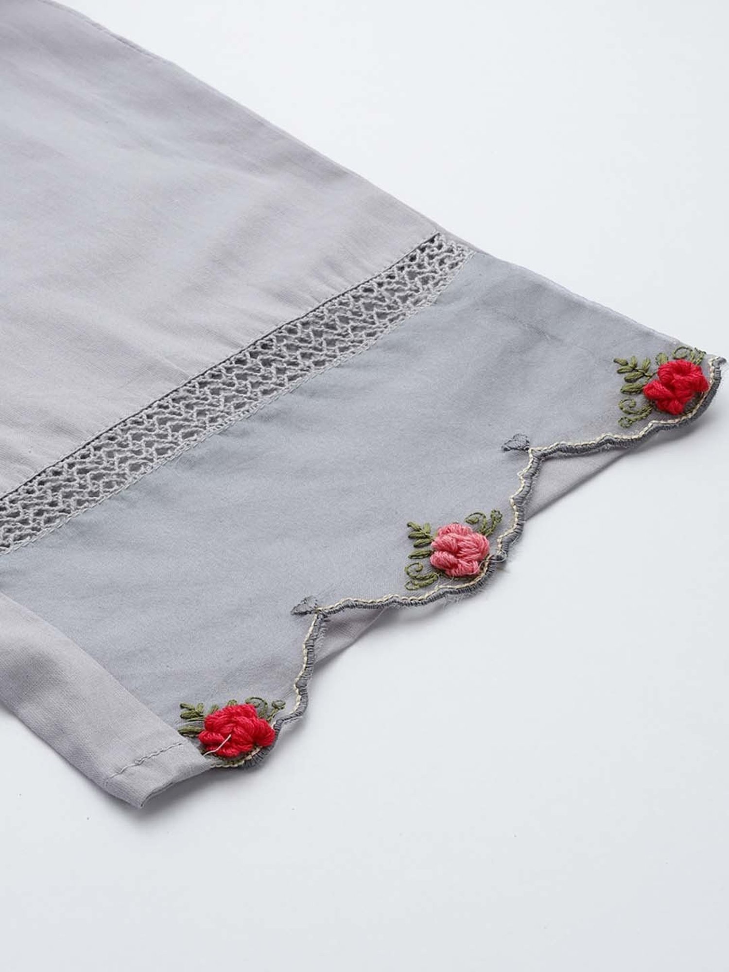 Indo Era Grey Cotton Embroidered Kurta Pant Set With Dupatta