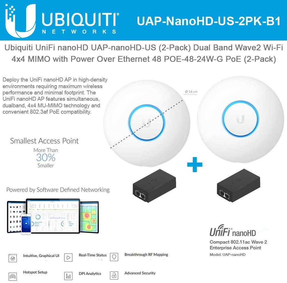 UniFi nanoHD UAP-nanoHD-US (2-Pack) Compact Dual Band Wave2 Enterprise Wi-Fi 4x4 MIMO Power Over Ethernet 48 POE-48-24W-G PoE Included