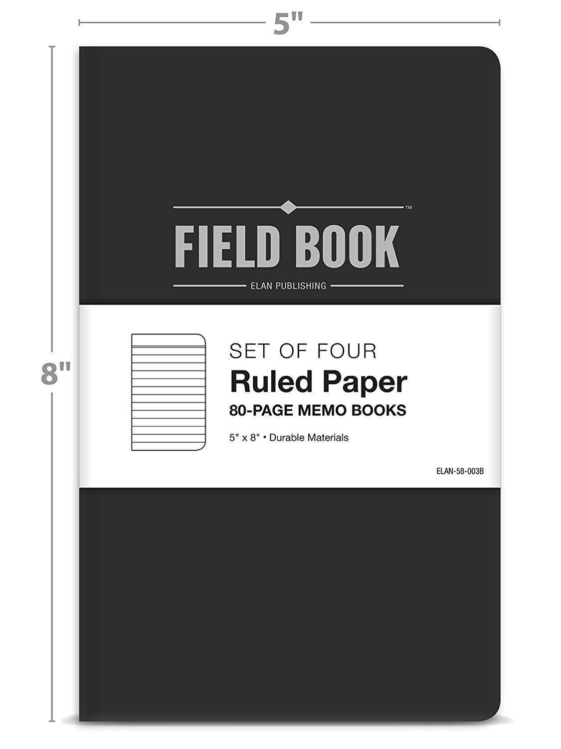 Field Notebook - 5"x8" - Black - Lined Memo Book - Pack of 4