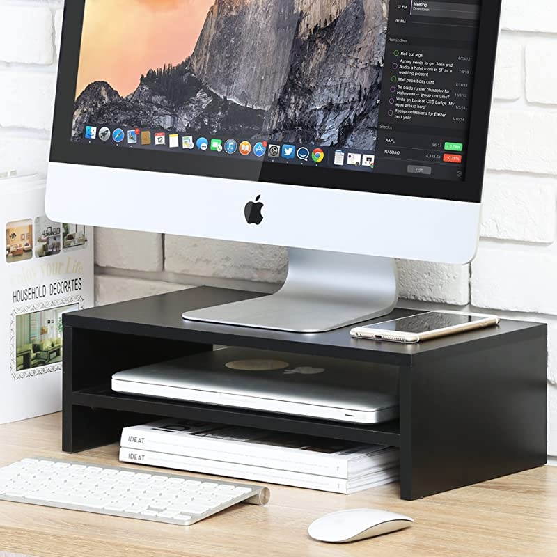 Computer Monitor Stand Clamp Desk TV Shelf Risers 16.7 inch 2 Tiers Monitor Stand Save Space Black