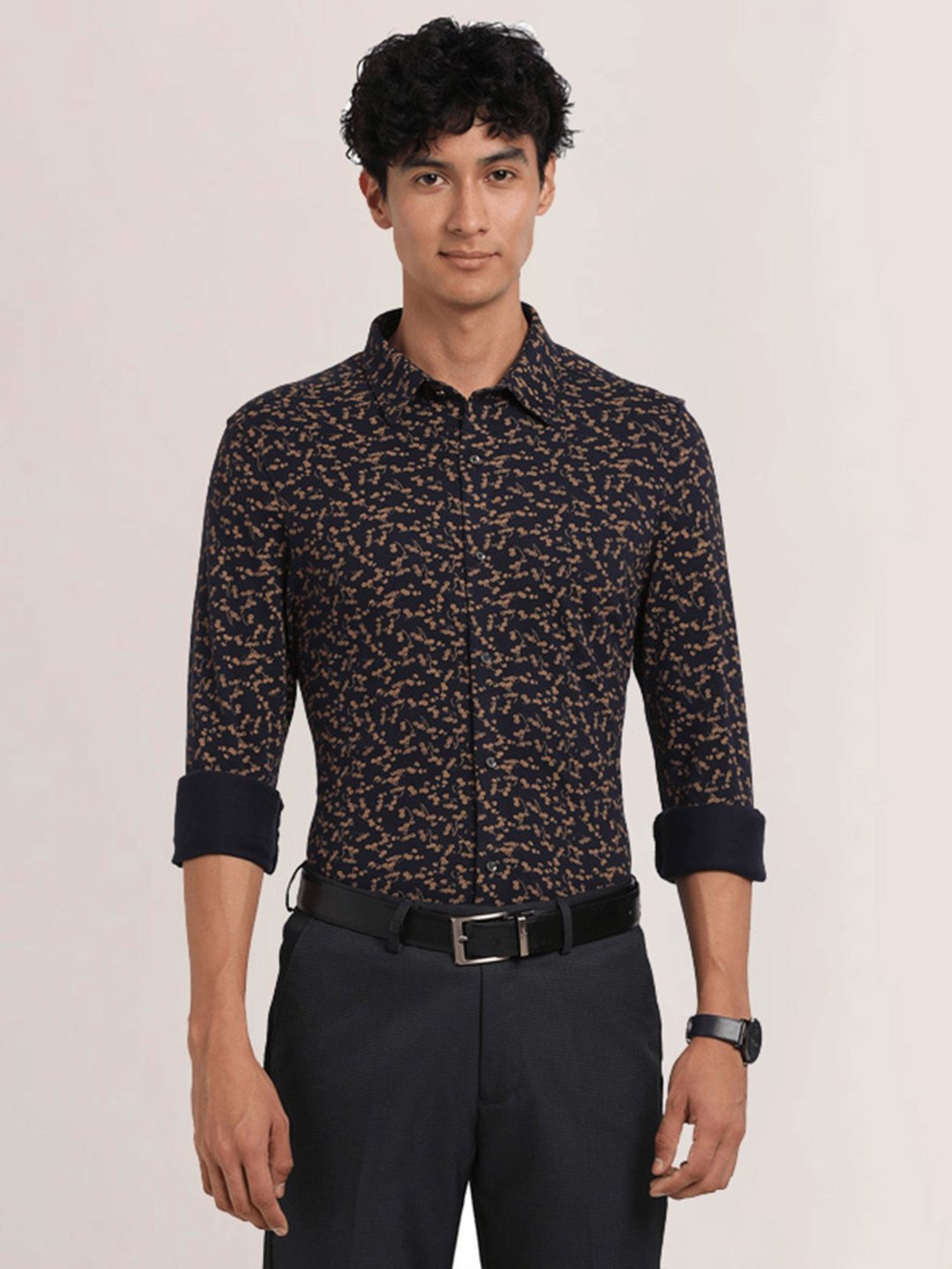 Sojanya Blue Cotton Regular Fit Self Pattern Shirt