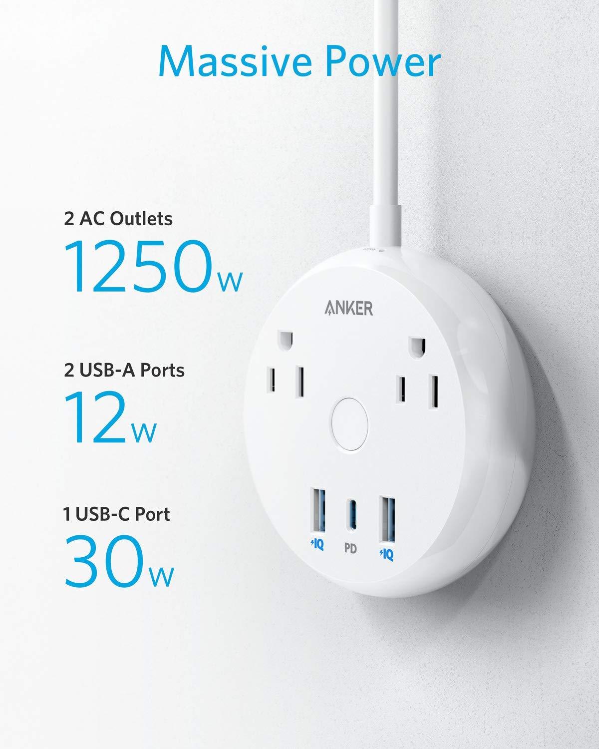 USB-C Power Strip with Power Delivery, Anker PowerStrip Pad, 2 Outlets and 3 USB Ports (2 USB-A, 1 USB-C) with Switch Control and 5-Foot Power Cord, Compact Size for Travel, Office, or Home