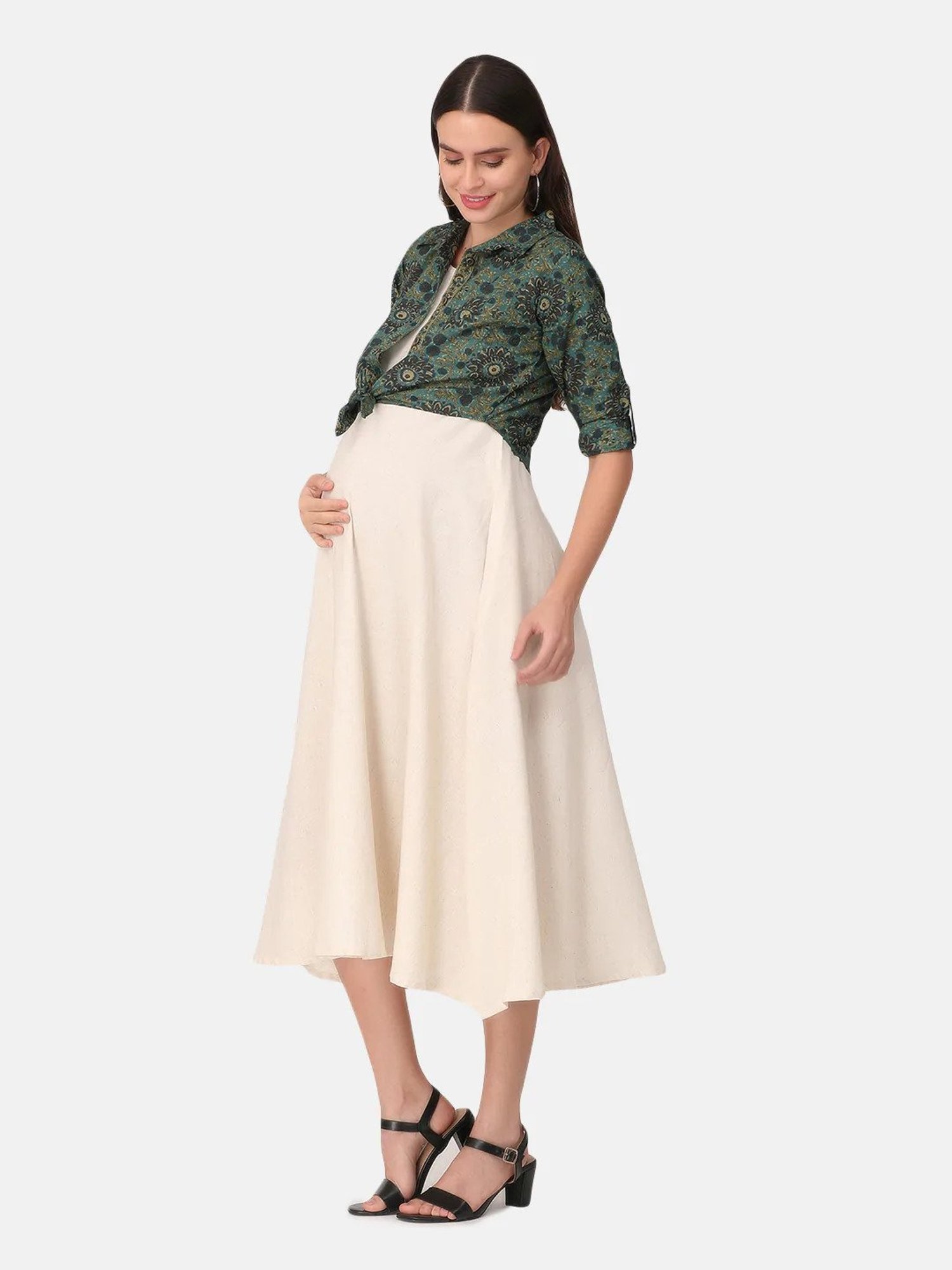 The Mom Store Cream & Green Printed Maternity Dress With Jacket