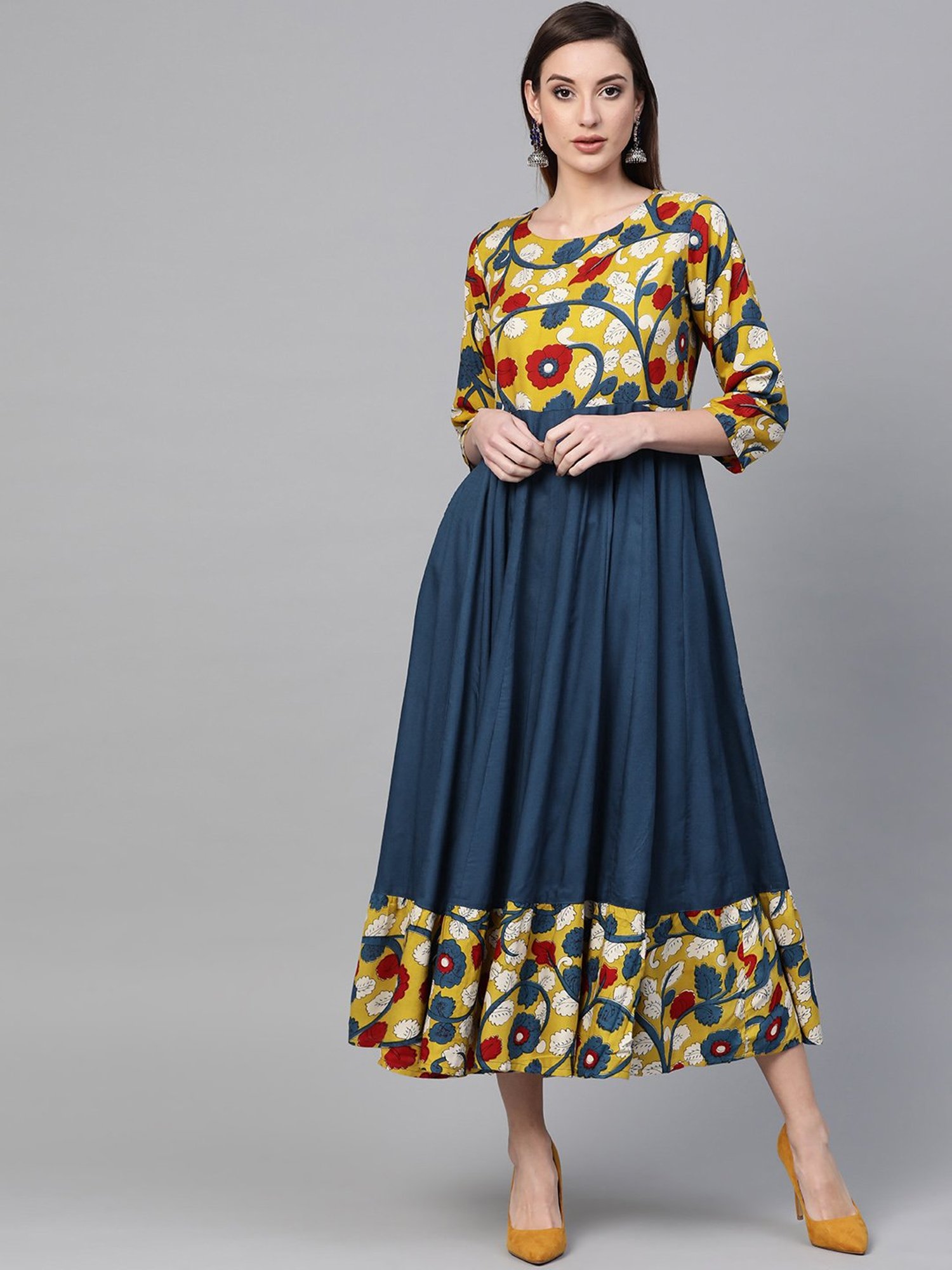 Geroo Jaipur Yellow & Navy Blue Kalamkari Hand Block Printed Rayon Dress
