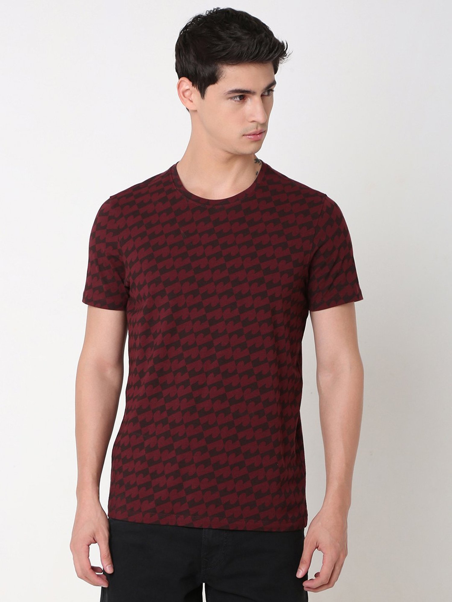 Spykar Maroon Slim Fit Printed Crew T-Shirt