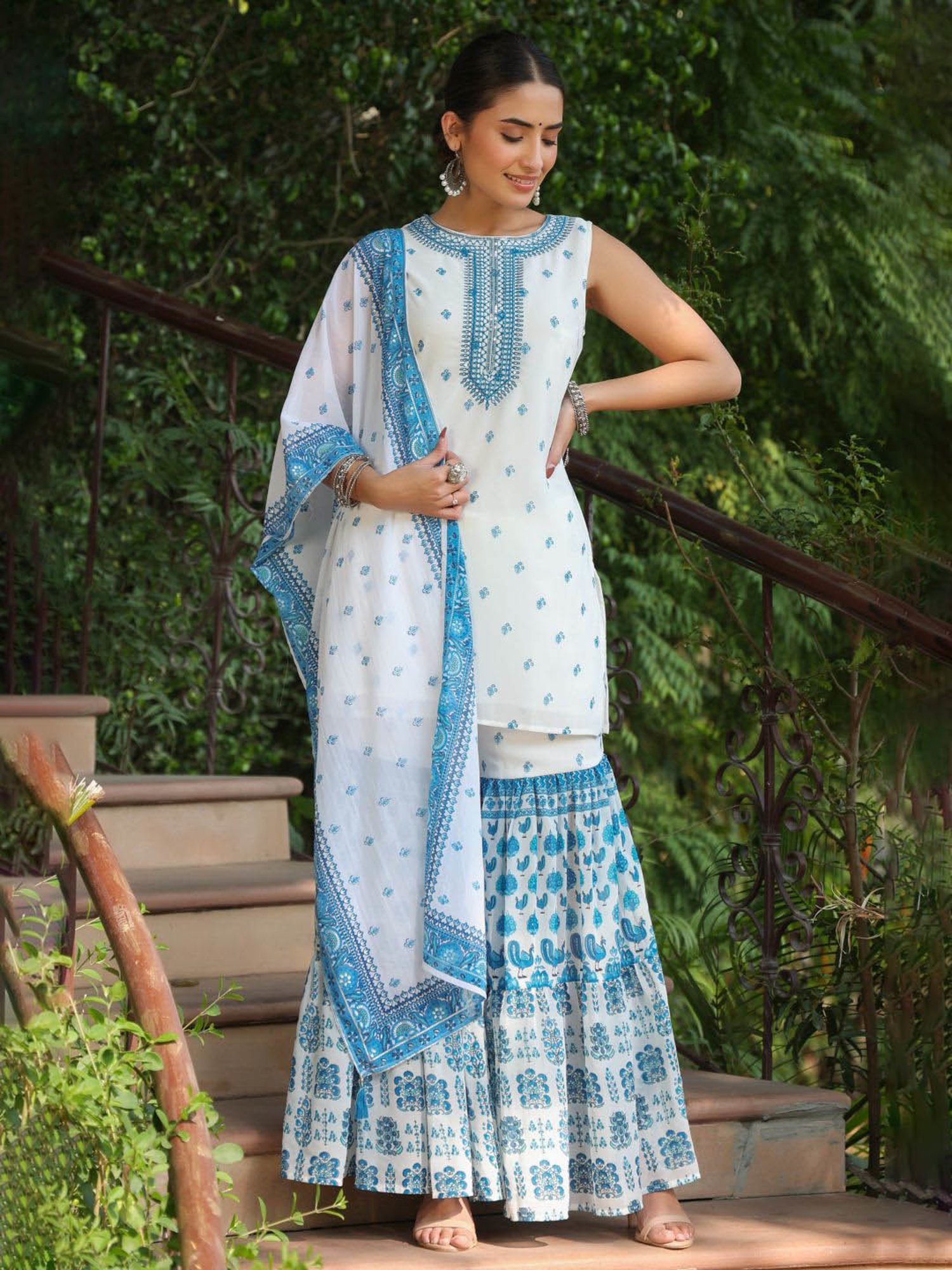 Juniper Blue Ethnic Motif Printed Georgette Kurta Sharara & Dupatta Set With Thread Work Embroidery