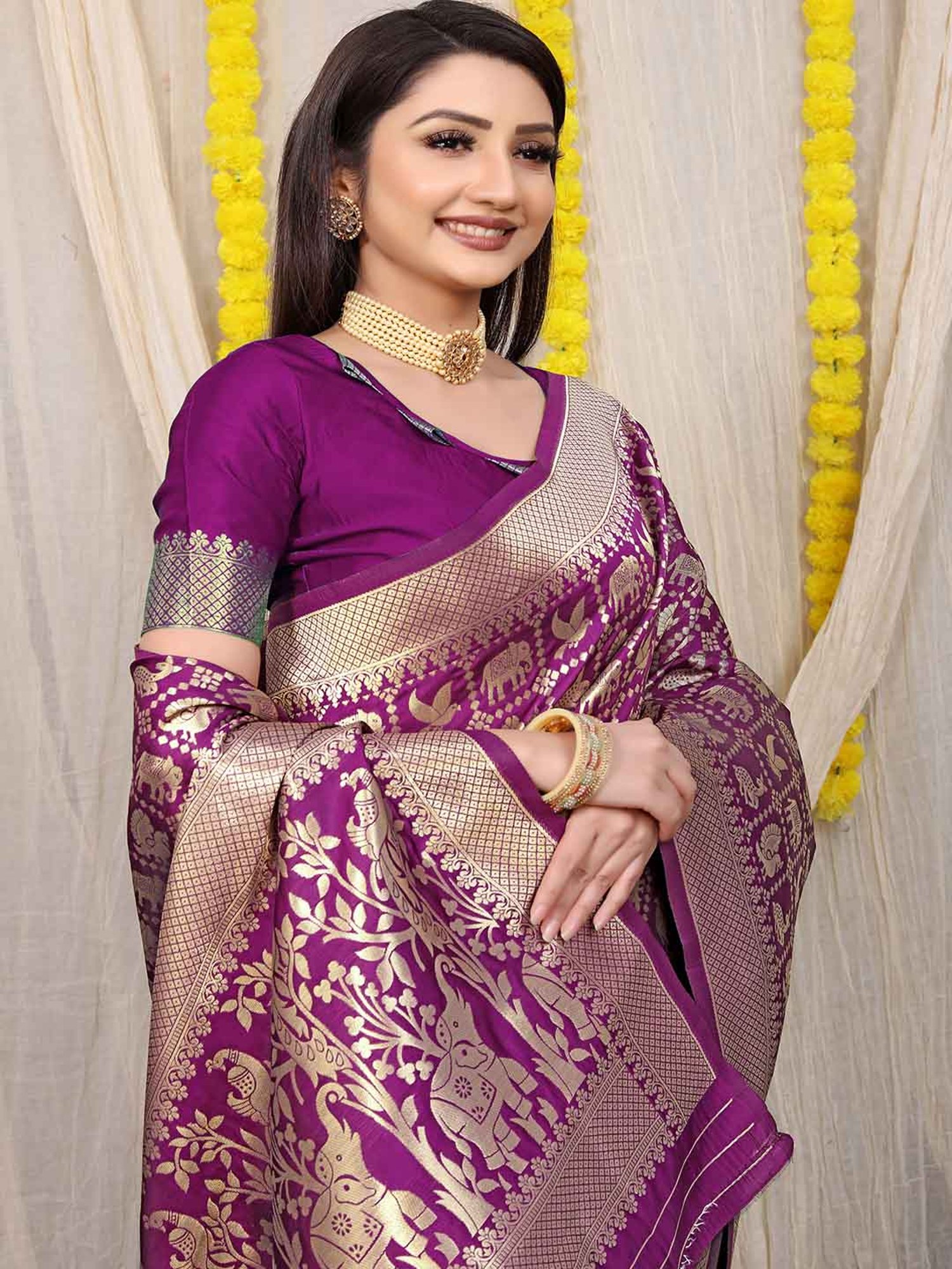 SHUBHKALA Purple Silk Woven Saree With Unstitched Blouse