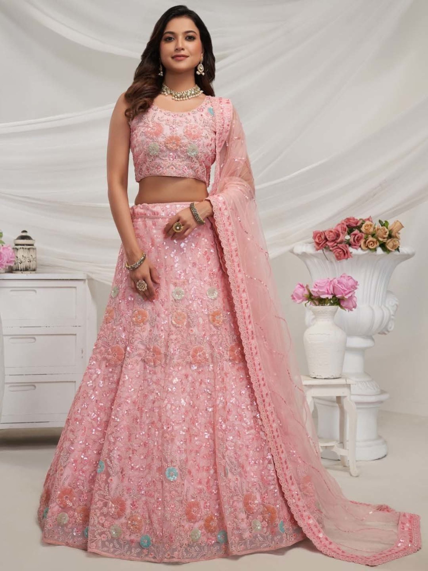 Odette Pink Embroidered Lehenga Choli Set With Dupatta