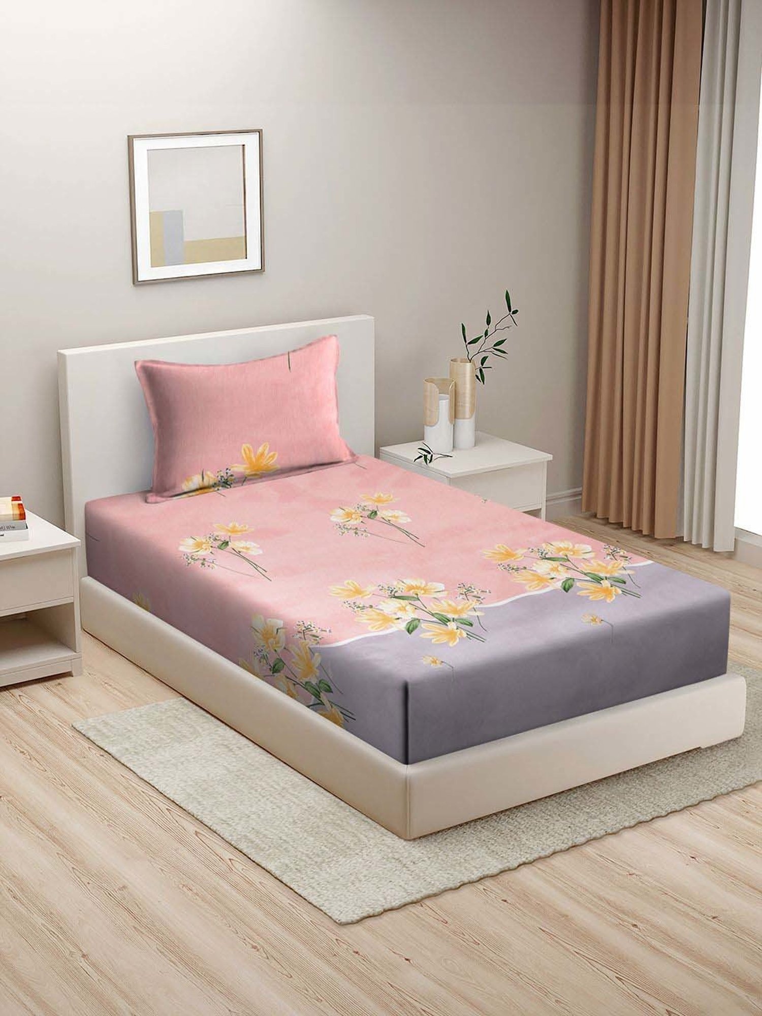 HOSTA HOMES Pink Cotton 280 TC Single Bedsheet with 1 Pillow cover