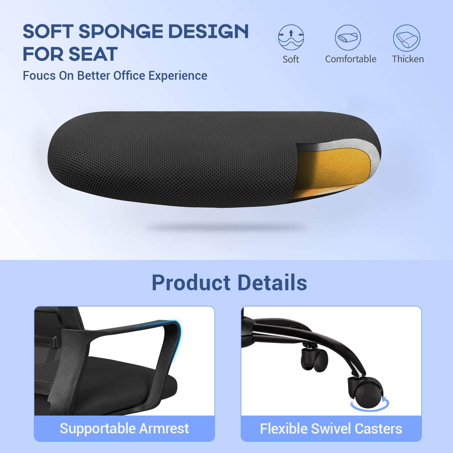 Furmax Office Ergonomic Mesh Desk Modern Mid Back Task Home Chair with Lumber Support and Armrest (Black)