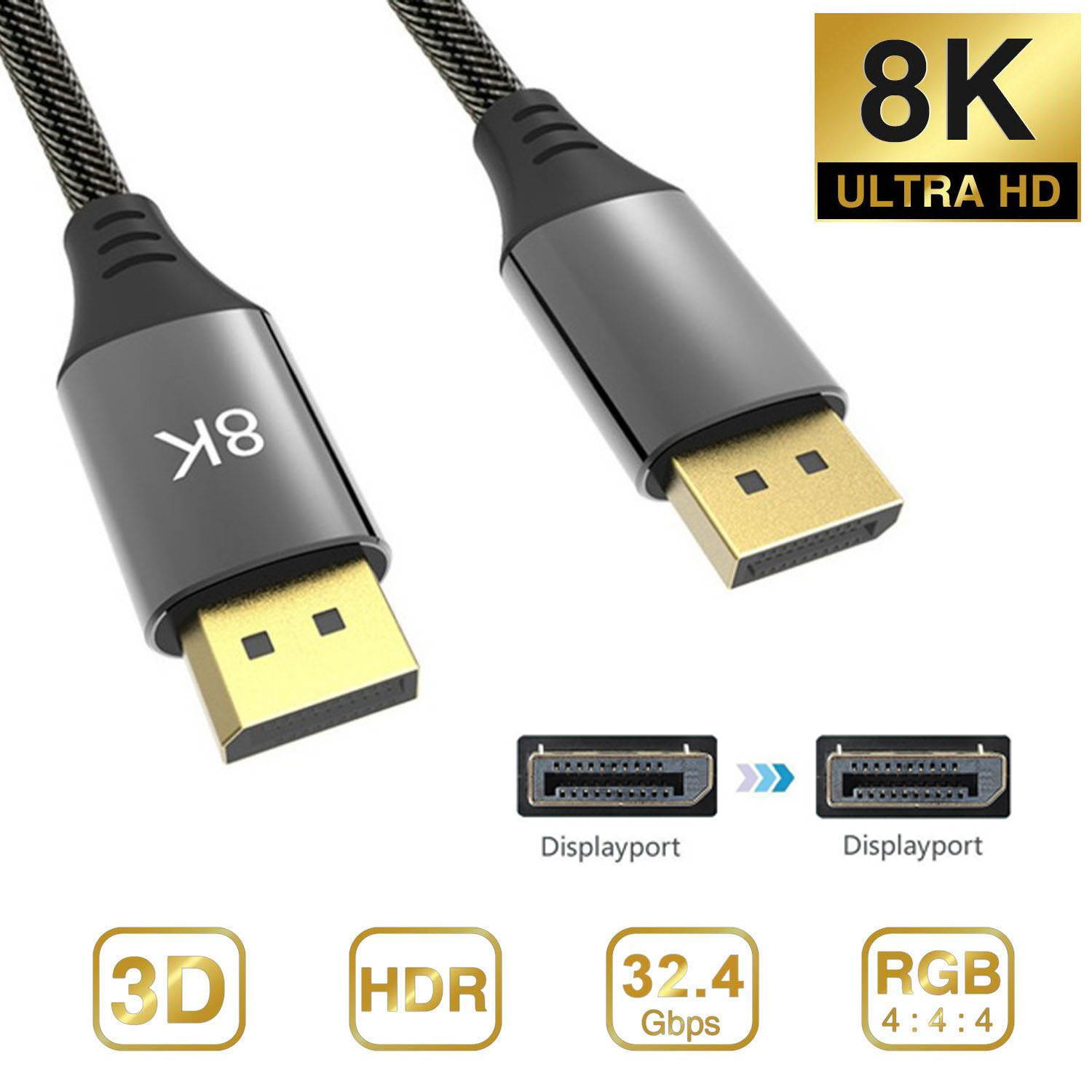 ESTONE DisplayPort Cable 16.4ft DP Cable Nylon Braided [8K@60Hz 4K@144] Display Port Cable High Speed DisplayPort to DisplayPort Cable Compatible PC, Laptop, TV - Slim Aluminum Shell, Black