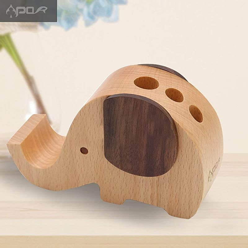 Cell Phone Stand, Wood Made Elephant Phone Stand for Smartphone with Pen Holder Desk Organizer (Small)
