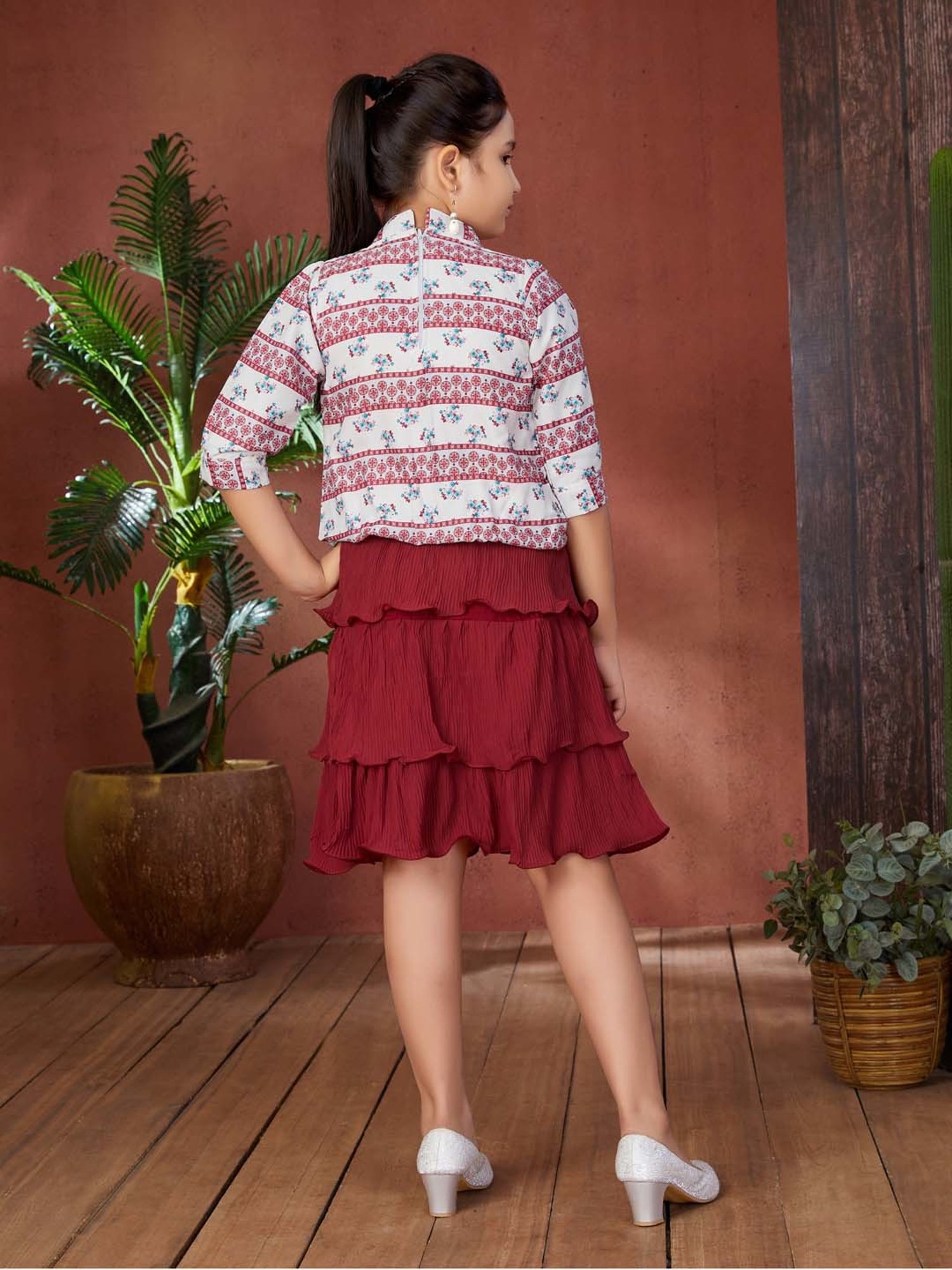 Aarika Girls Off White & Maroon Printed Top with Skirt