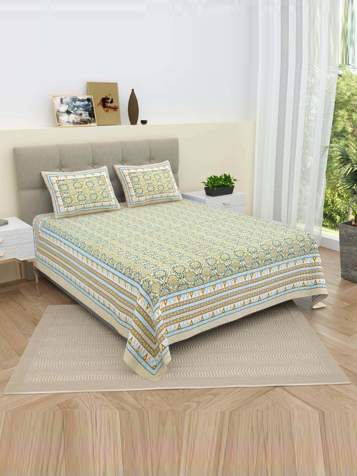 Bella Casa Ethnic Collection Green Cotton 180 TC Bedsheet with 2 Pillow Covers