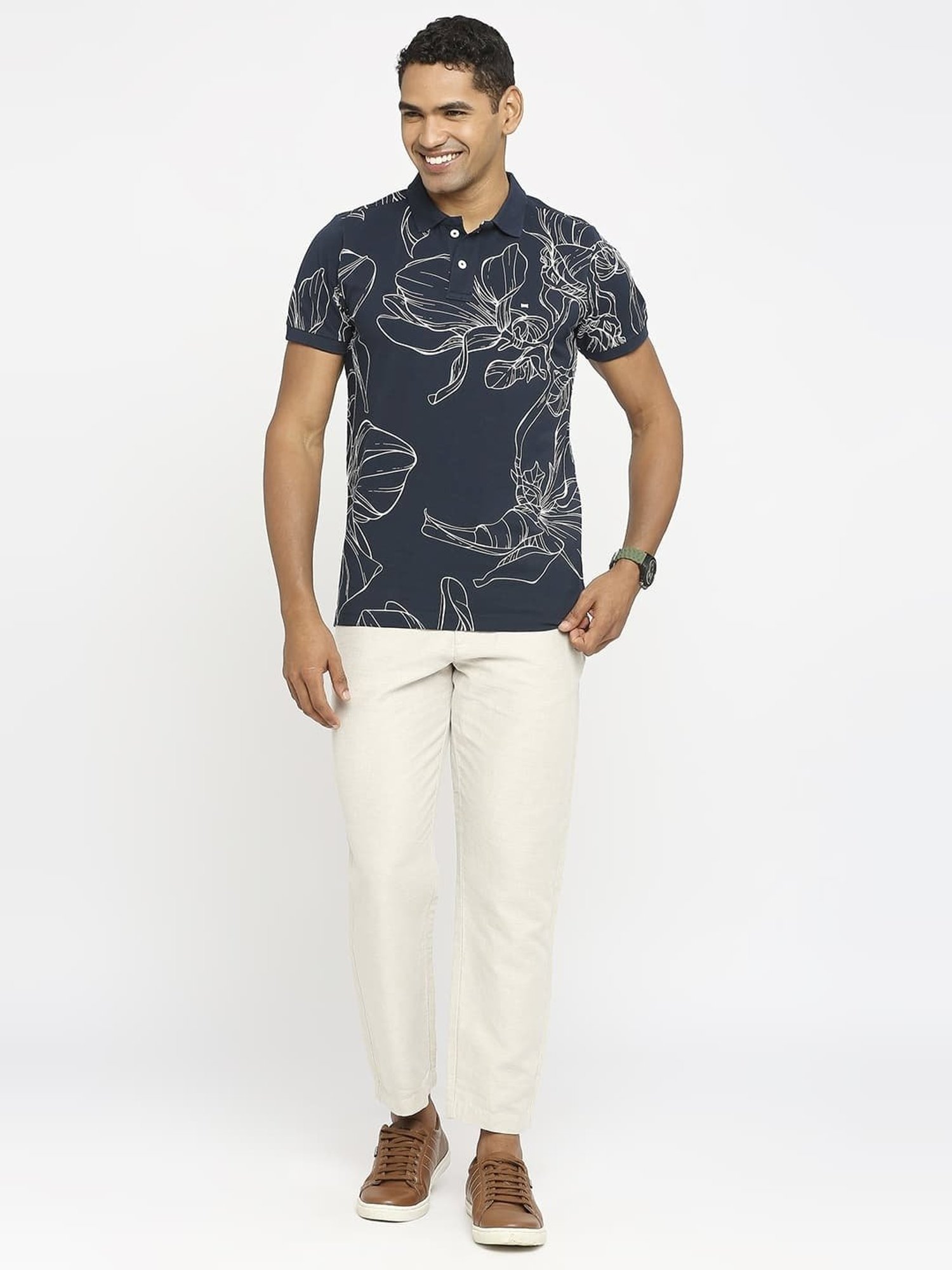 Basics Grey Cotton Muscle Fit Printed Polo T-Shirt