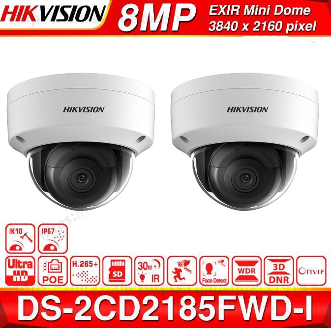 Hikvision English version DS-2CD2185FWD-I 8MP Network mini dome security CCTV Camera POE SD card 30m IR H.265+ IP camera IK10 IP67, (8MP, 4.0mm fixed lens, 1 Pcs)