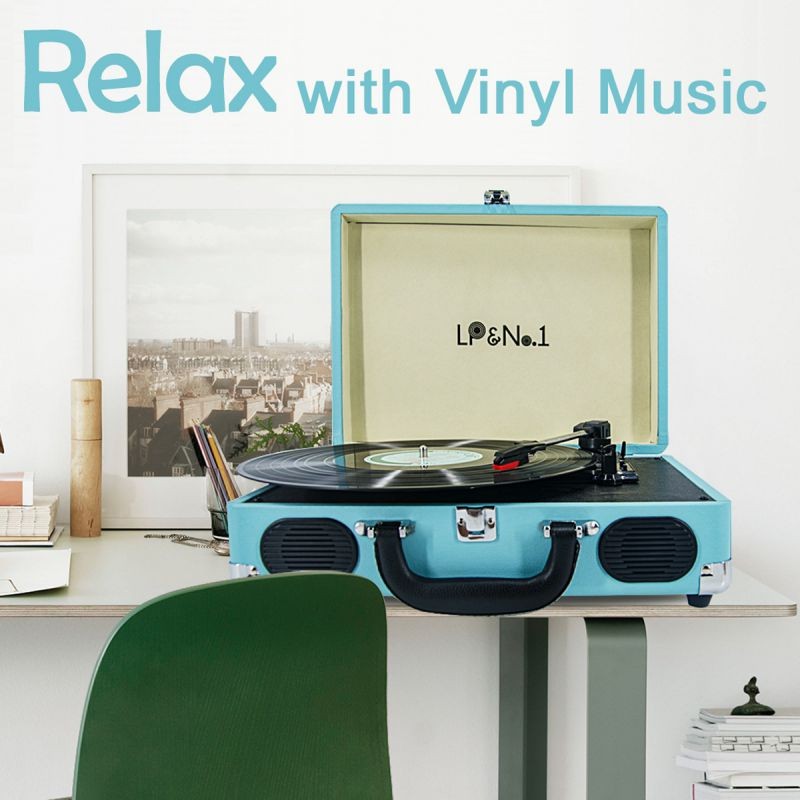 LP&No.1 Suitcase Bluetooth Turntable with Stereo Speaker,3 Speeds Vinyl Record Player Turquoise