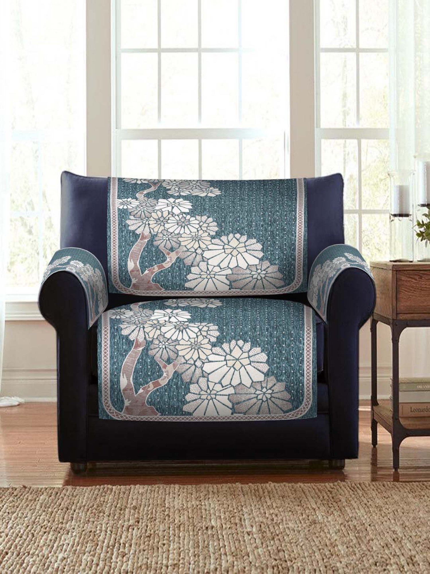 HOSTA HOMES Teal Blue & White Velvet Sofa Cover With Arm Rest - Set of 16